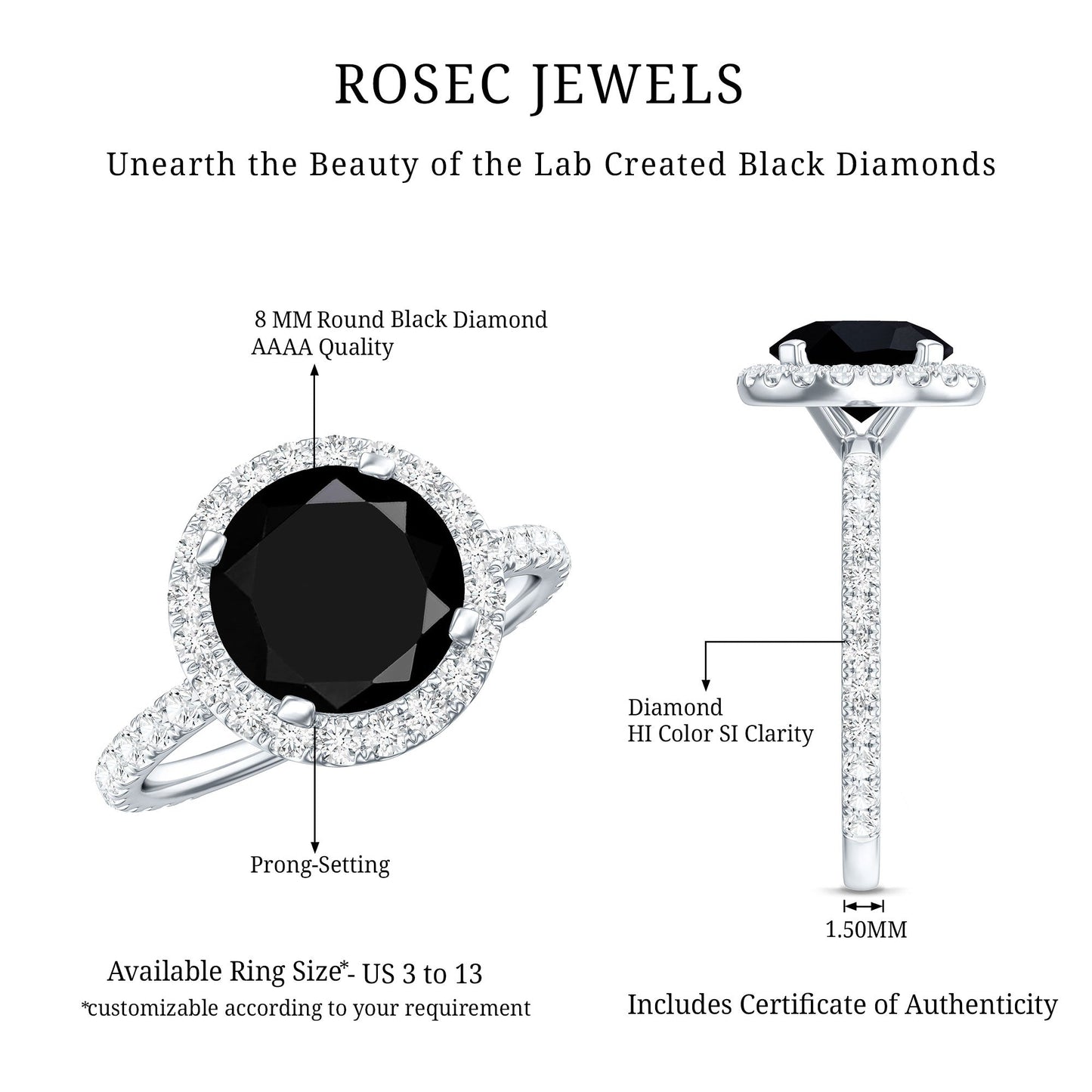 Certified 2 Carat Lab Grown Black and White Diamond Engagement Ring with Halo