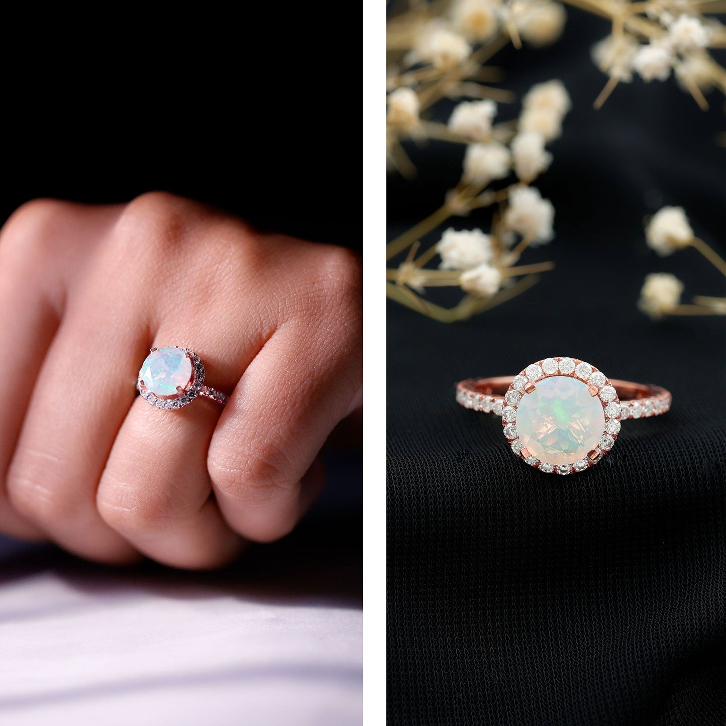 Certified Genuine 8mm Ethiopian Opal Engagement Ring with Halo