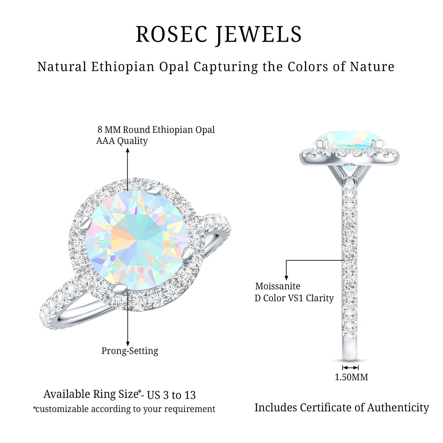 Certified Genuine 8mm Ethiopian Opal Engagement Ring with Halo