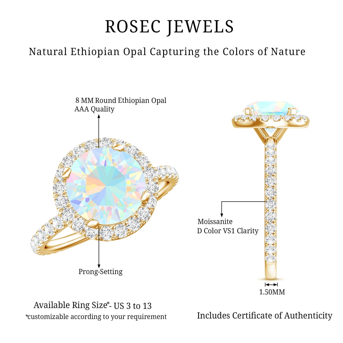 Certified Genuine 8mm Ethiopian Opal Engagement Ring with Halo
