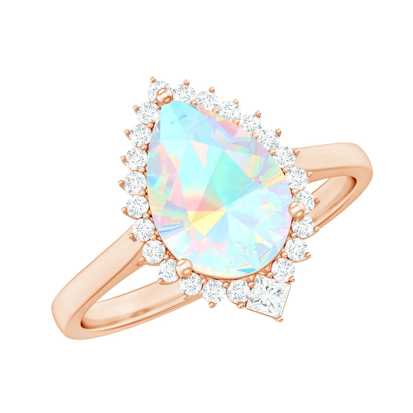 Certified Real 8X10mm Ethiopian Rainbow Opal Teardrop Engagement Ring with Diamond Halo