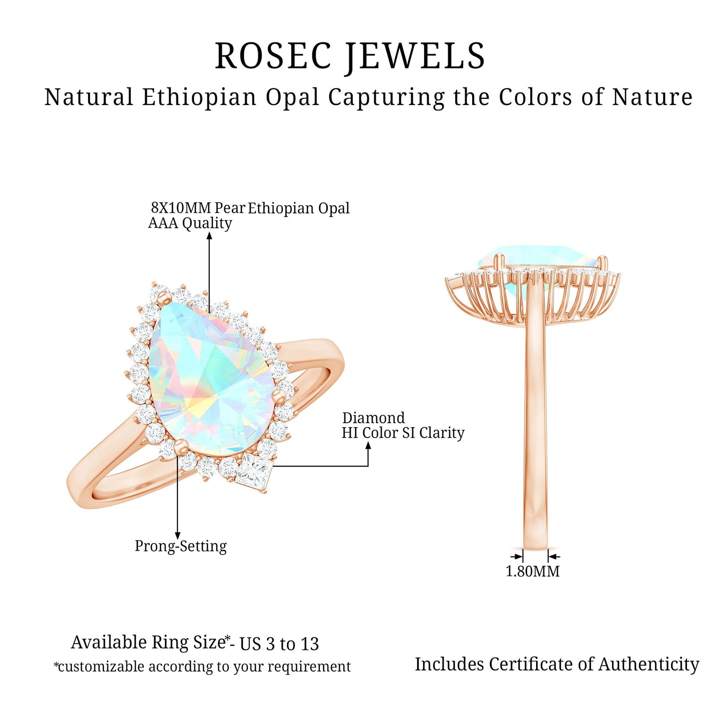 Certified Real 8X10mm Ethiopian Rainbow Opal Teardrop Engagement Ring with Diamond Halo