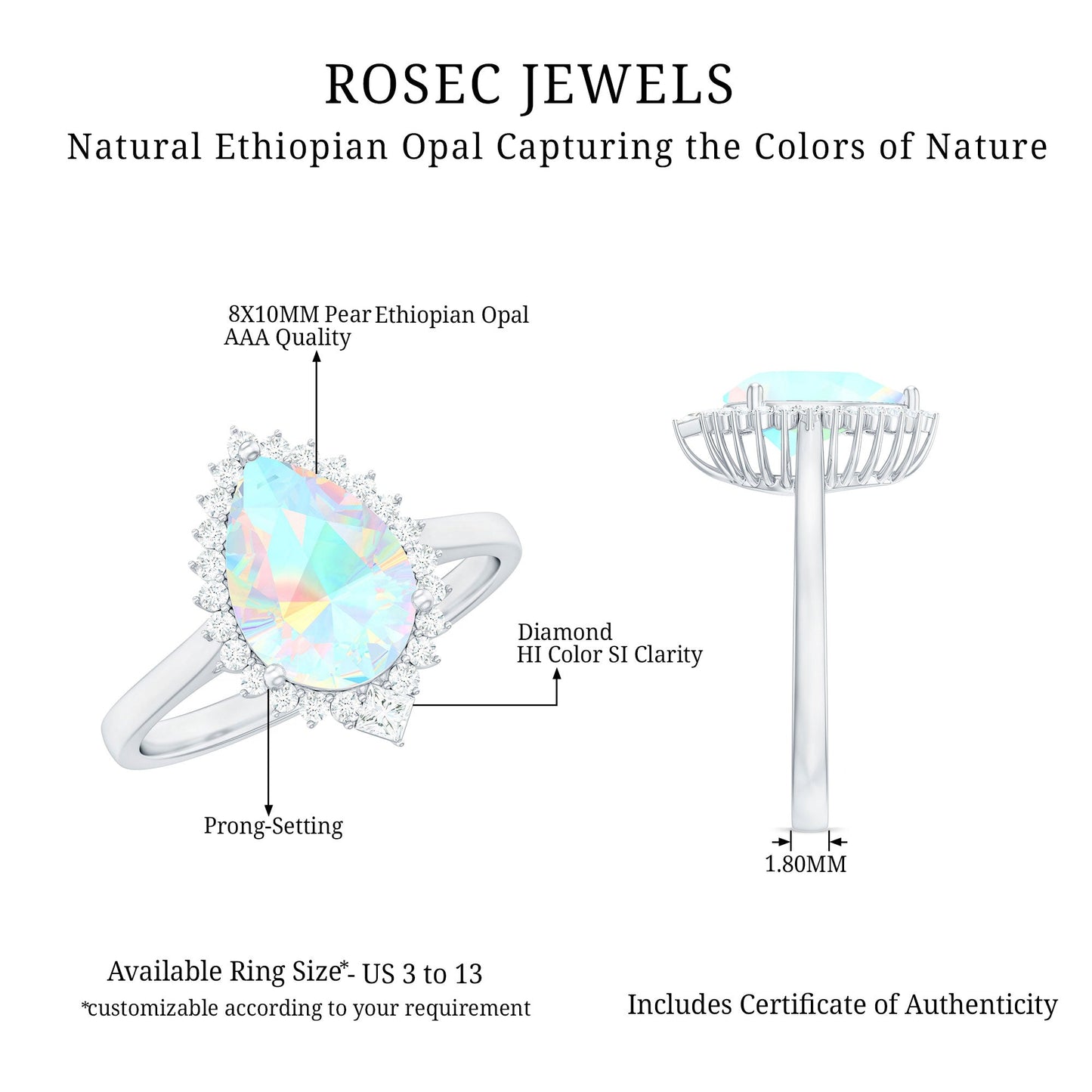 Certified Real 8X10mm Ethiopian Rainbow Opal Teardrop Engagement Ring with Diamond Halo
