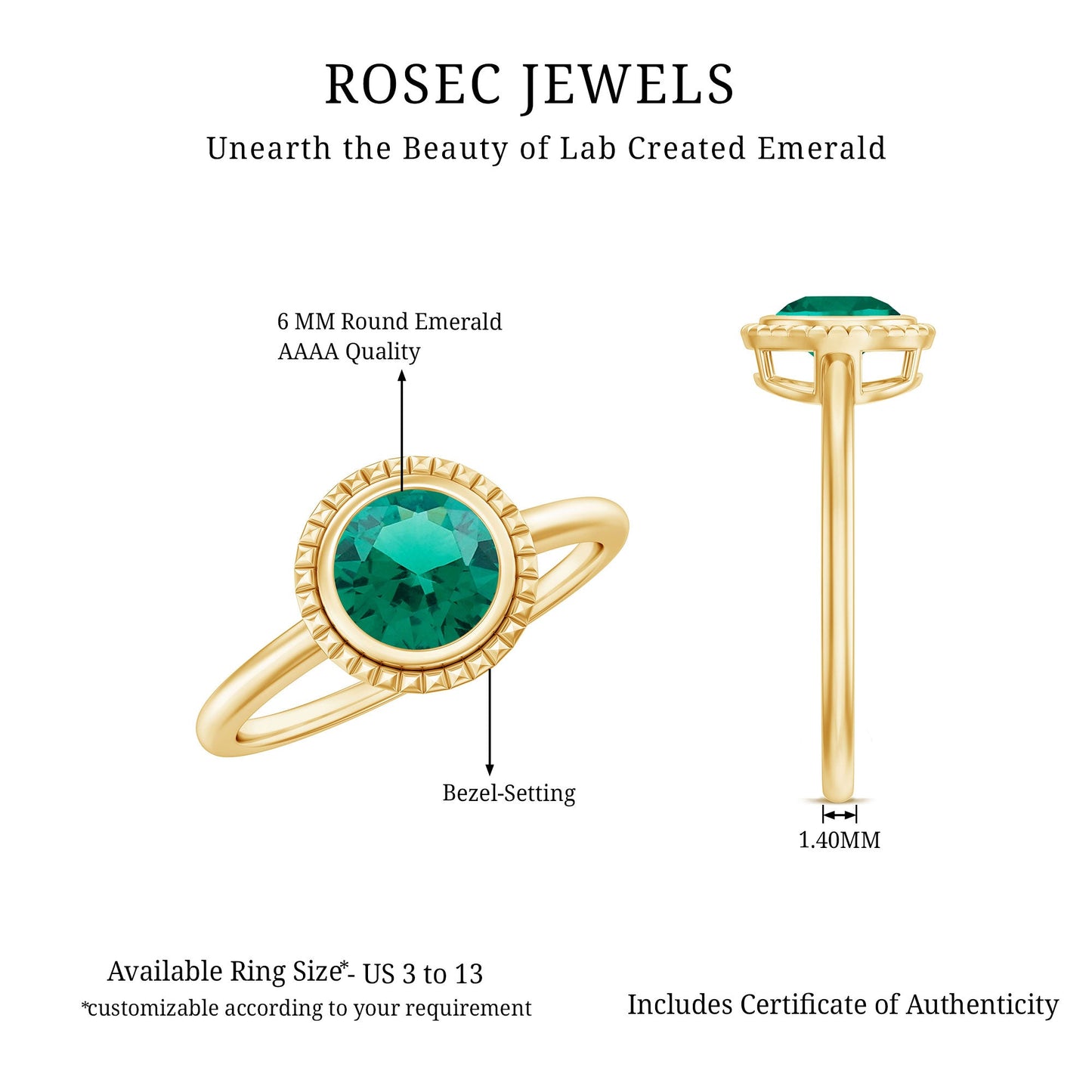 Certified 6 mm Lab Grown Emerald Solitaire Engagement Ring in Bezel Setting
