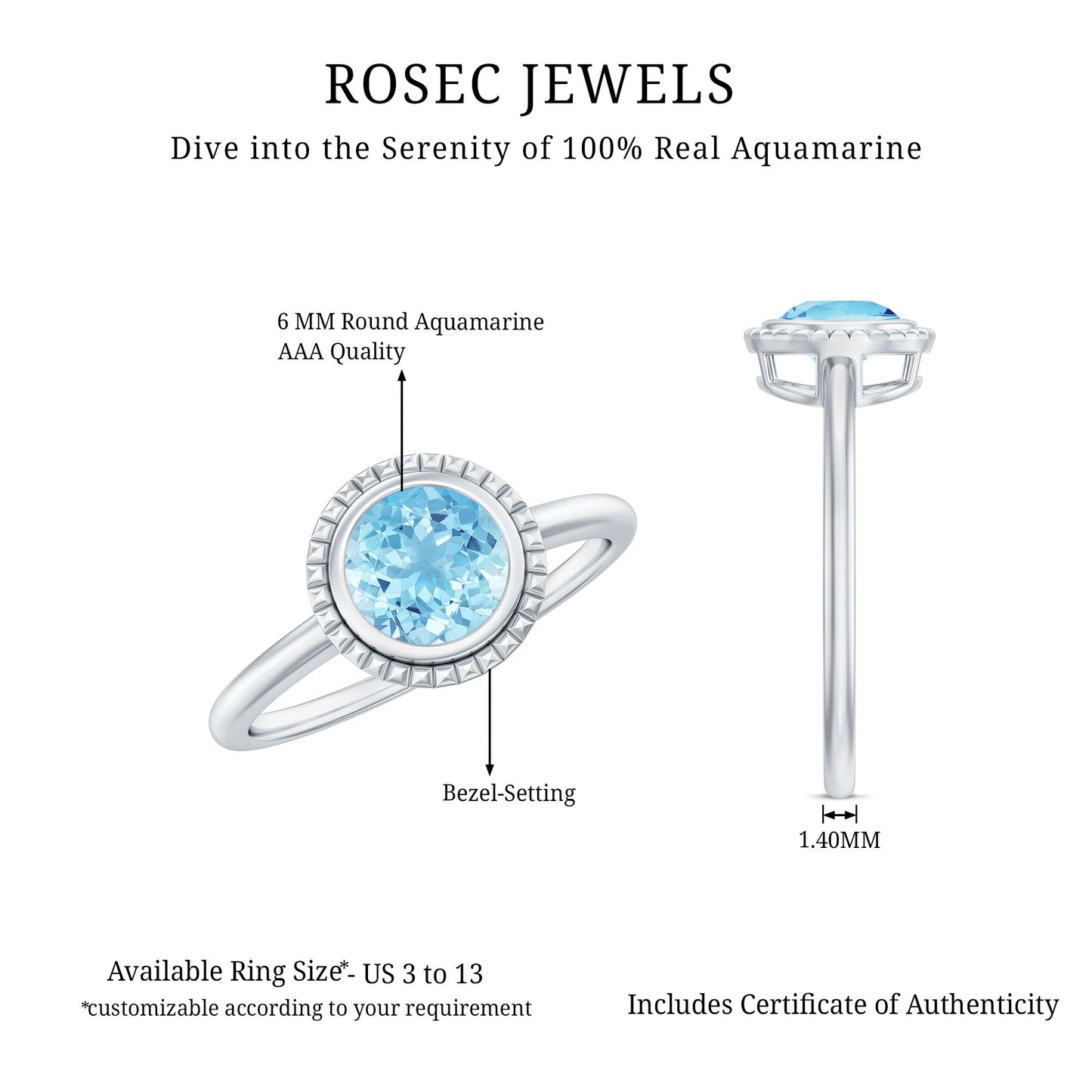 Bezel Set Round Aquamarine Solitaire Promise Ring