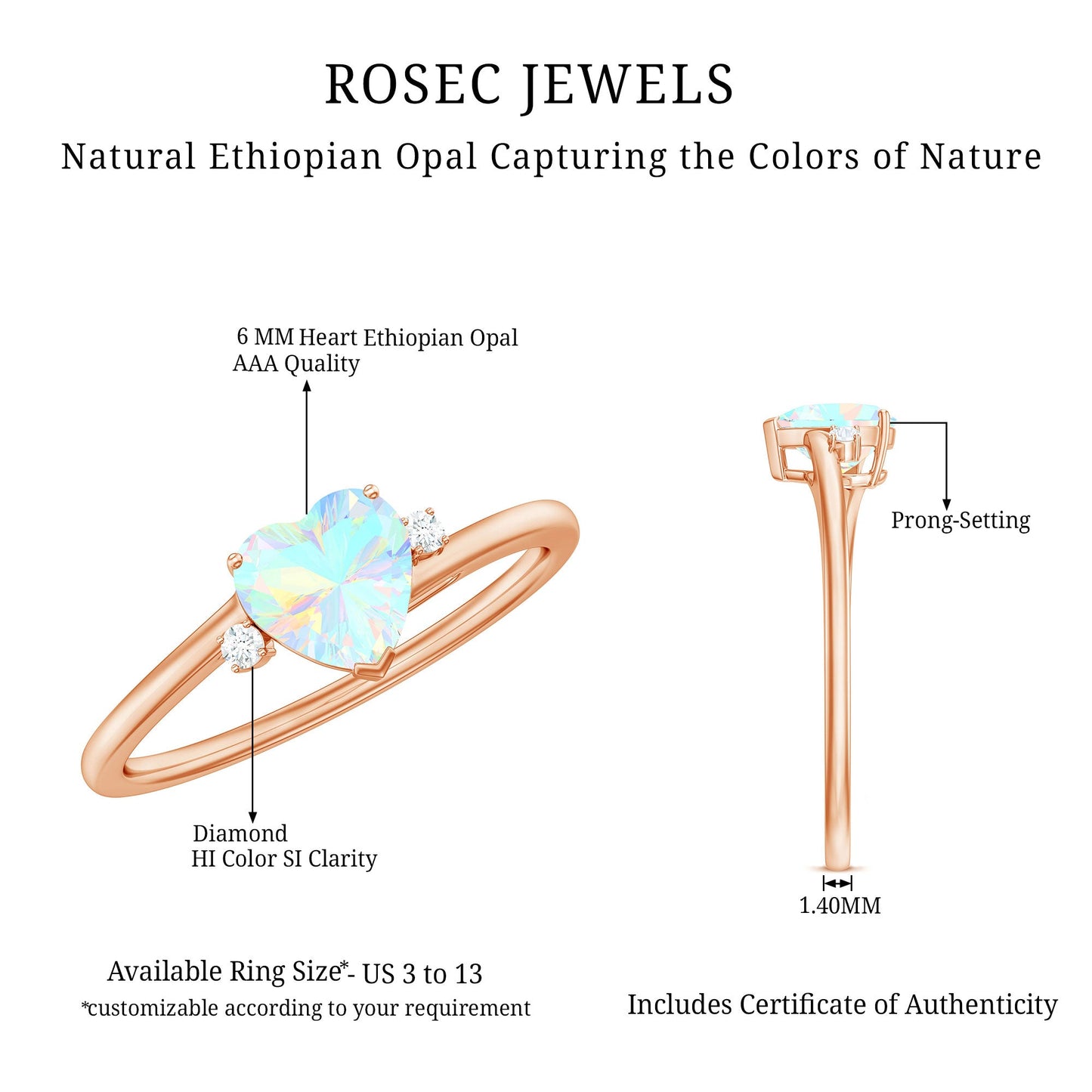 Genuine 6mm Ethiopian Opal Diamond Heart Shaped Promise Ring with Bypass Shank