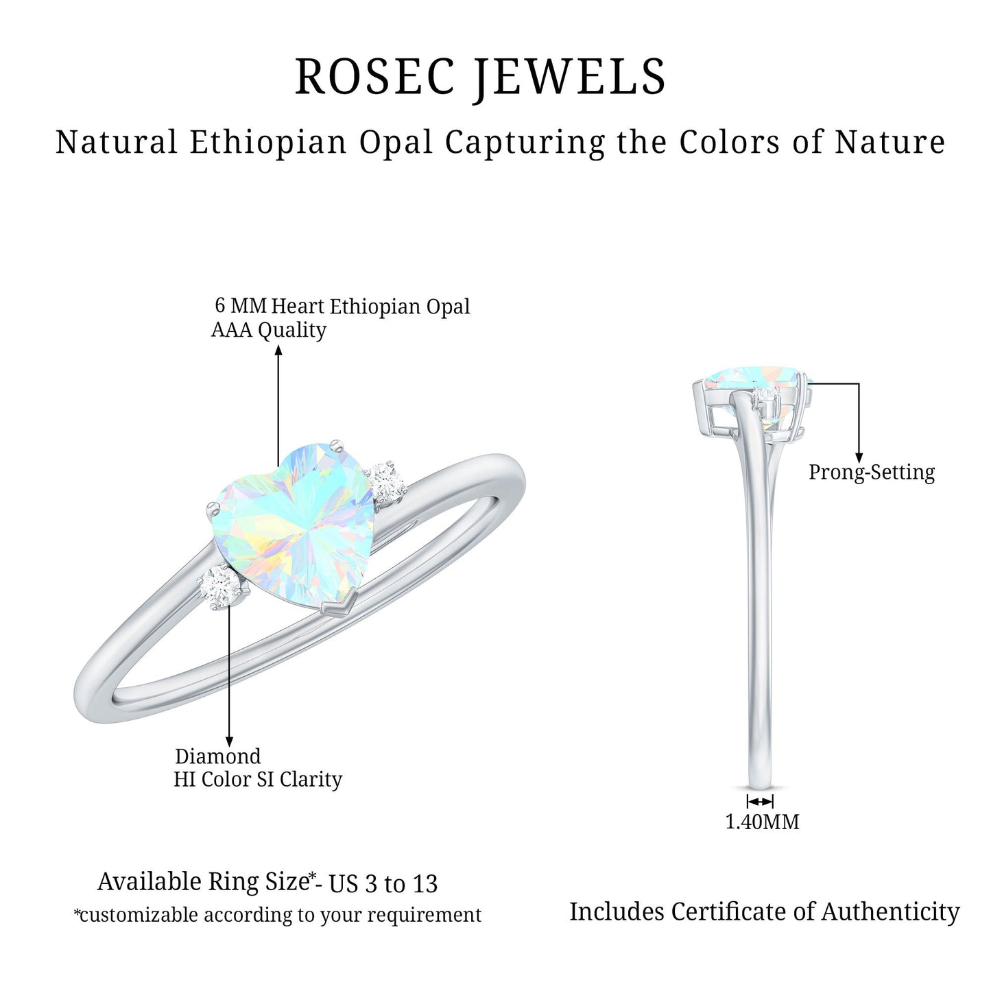 Genuine 6mm Ethiopian Opal Diamond Heart Shaped Promise Ring with Bypass Shank