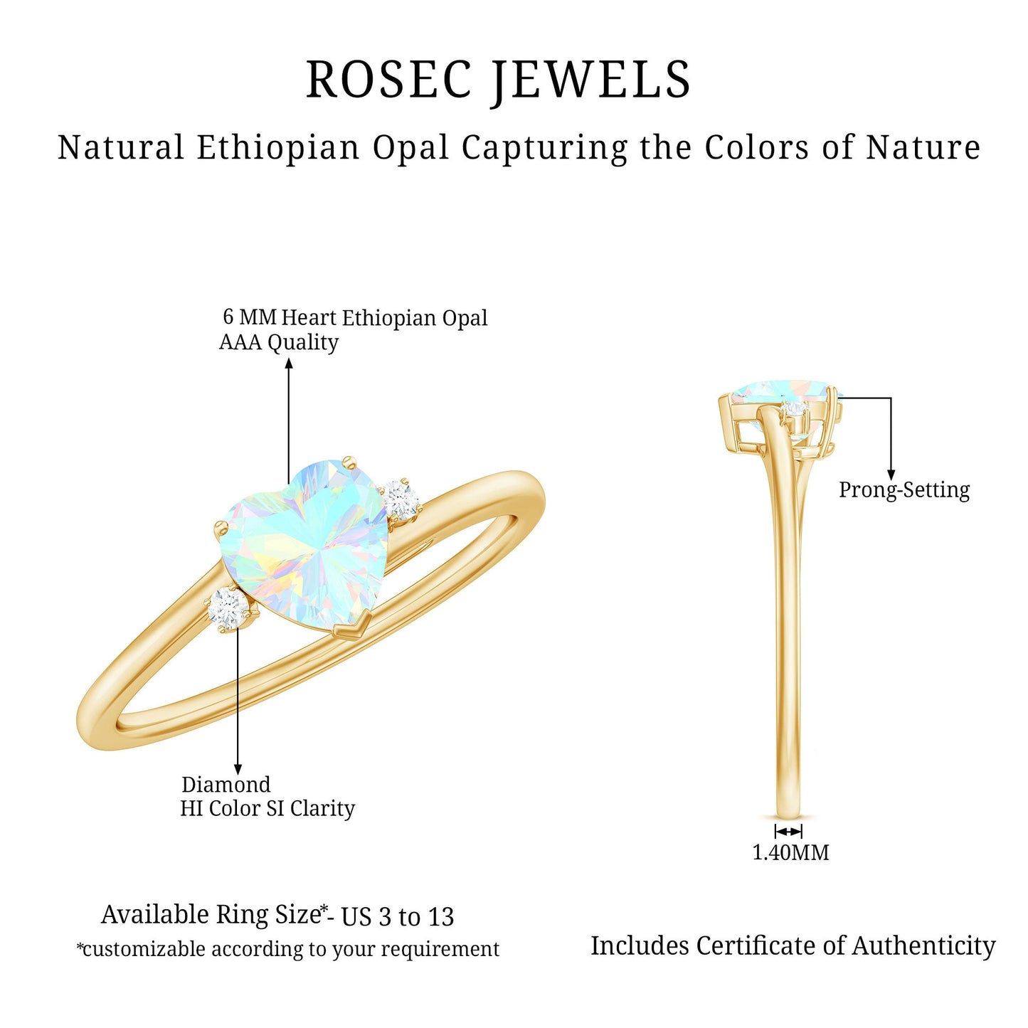 Genuine 6mm Ethiopian Opal Diamond Heart Shaped Promise Ring with Bypass Shank