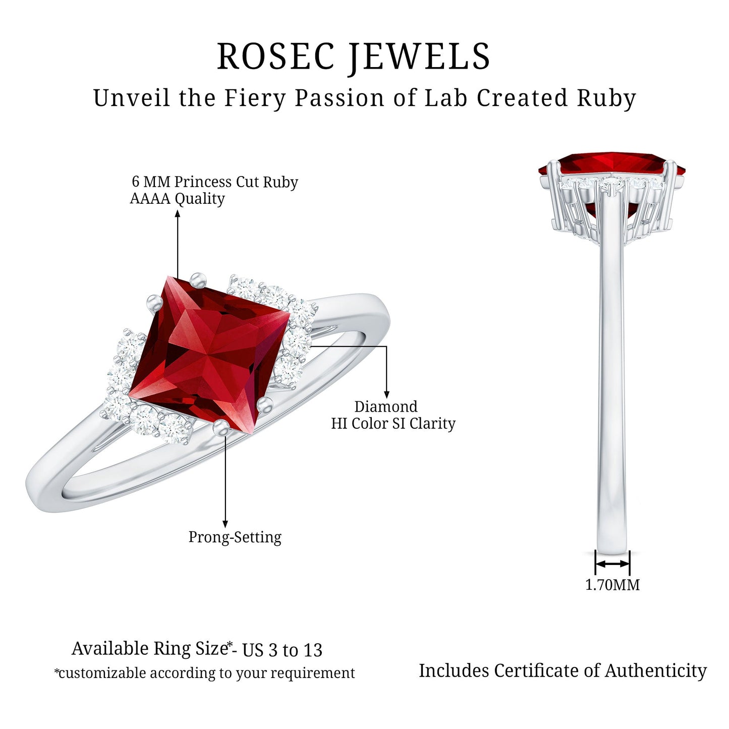 1.75 CT Princess Cut Lab Grown Ruby Engagement Ring with Diamond