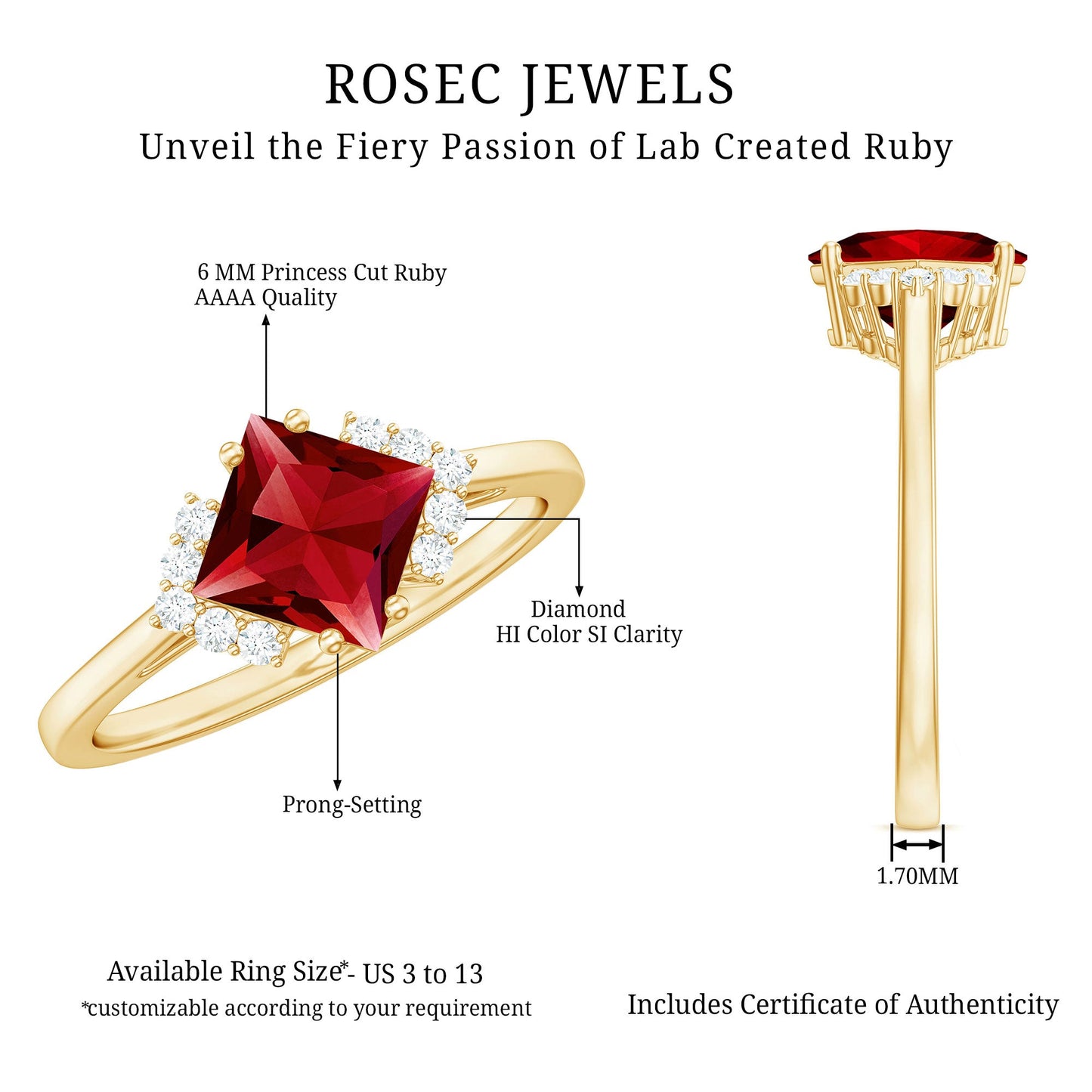 1.75 CT Princess Cut Lab Grown Ruby Engagement Ring with Diamond