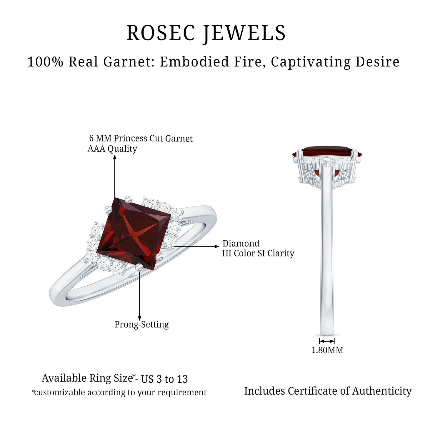 Certified Natural Garnet Princess Cut Engagement Ring with Diamond