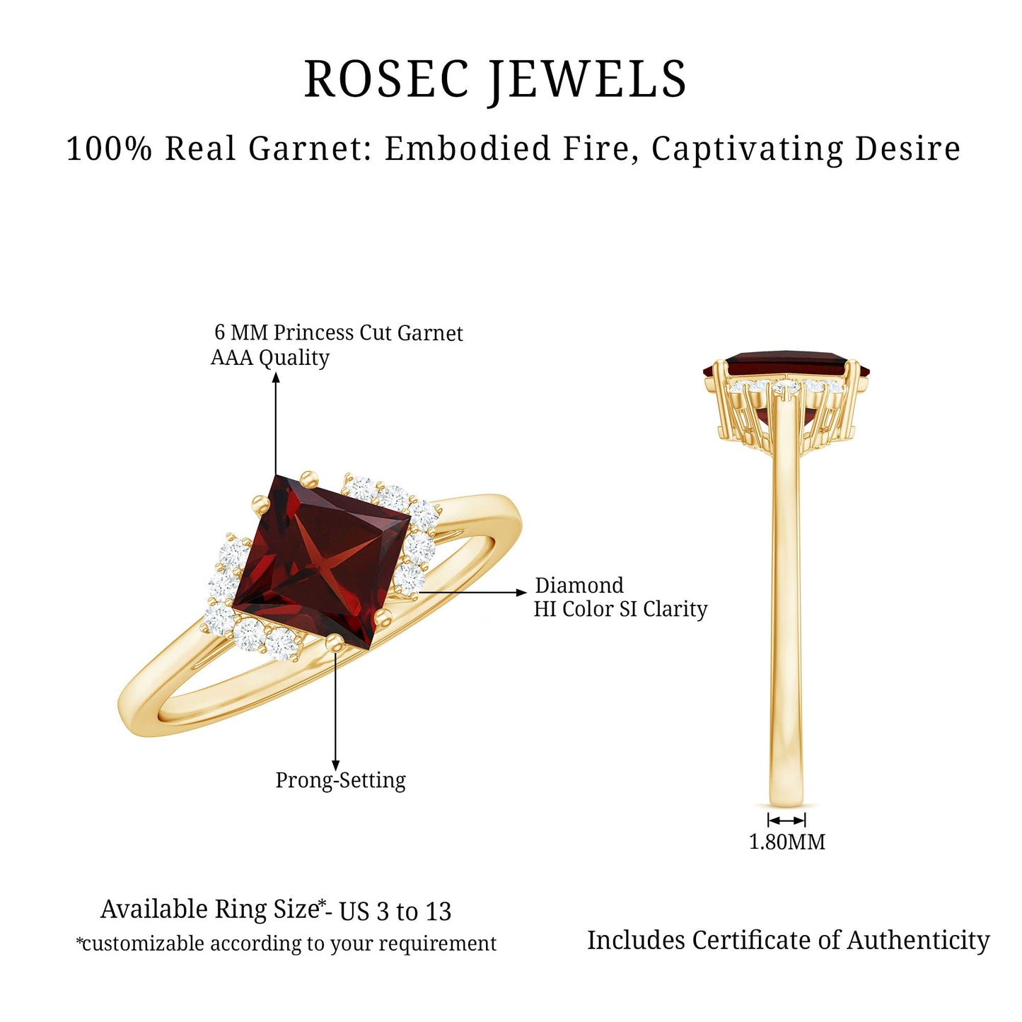 Certified Natural Garnet Princess Cut Engagement Ring with Diamond