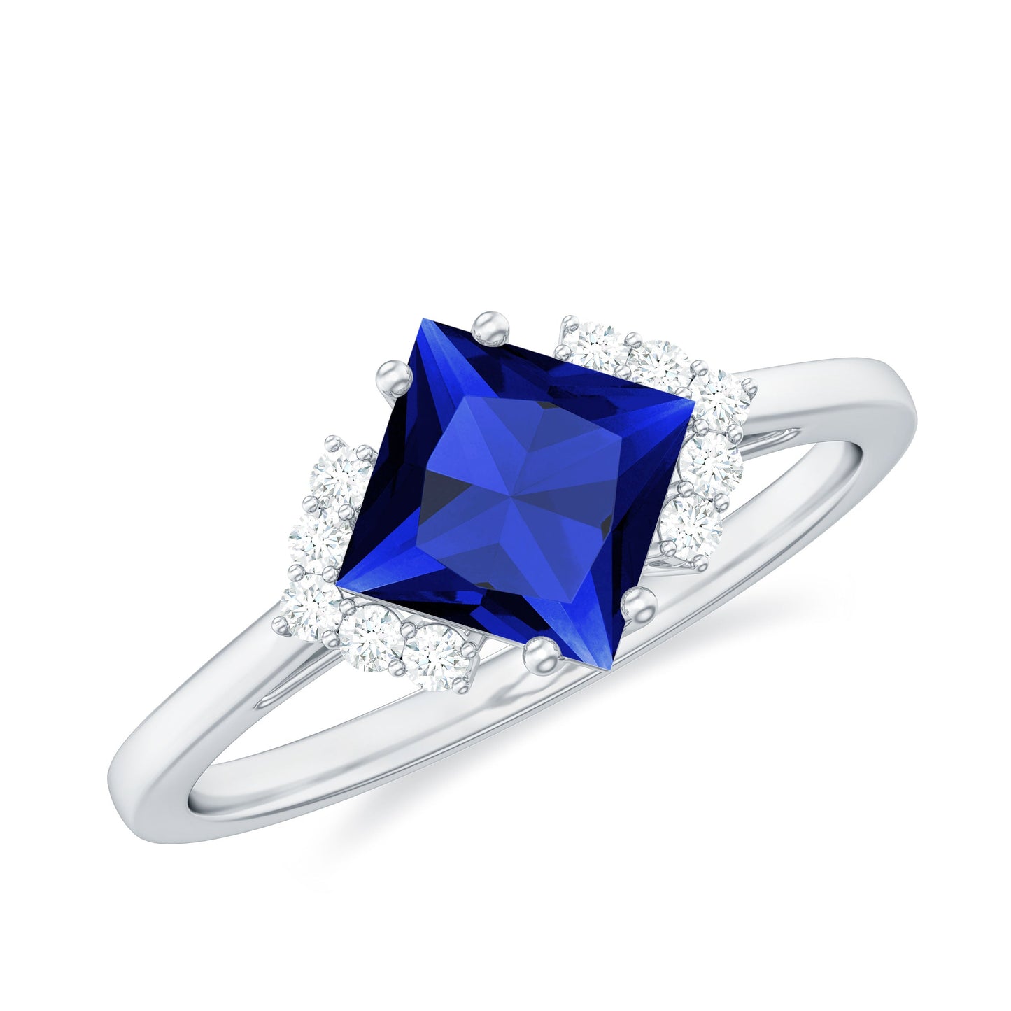 Certified 1.5 Carat Princess Cut Lab Grown Blue Sapphire Engagement Ring with Diamond