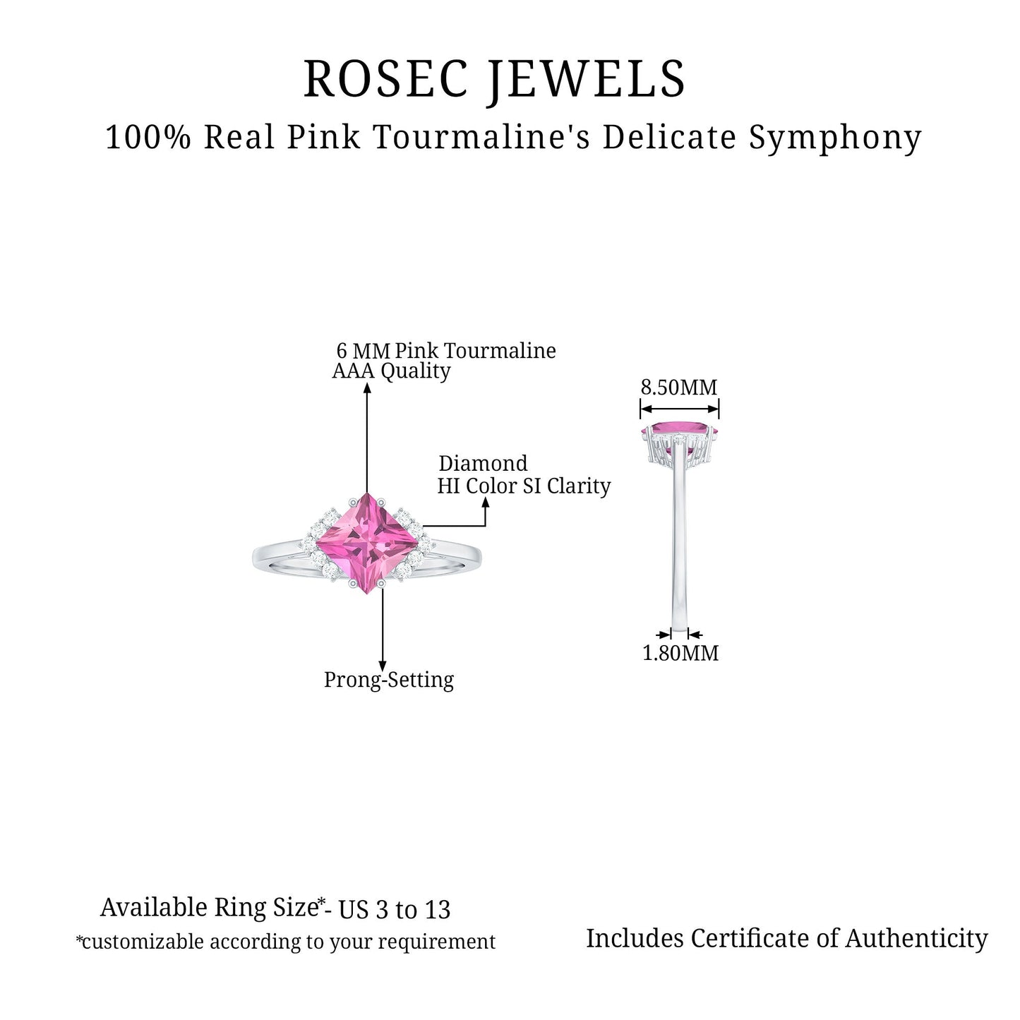 Princess Cut Pink Tourmaline Engagement Ring with Diamond Accent