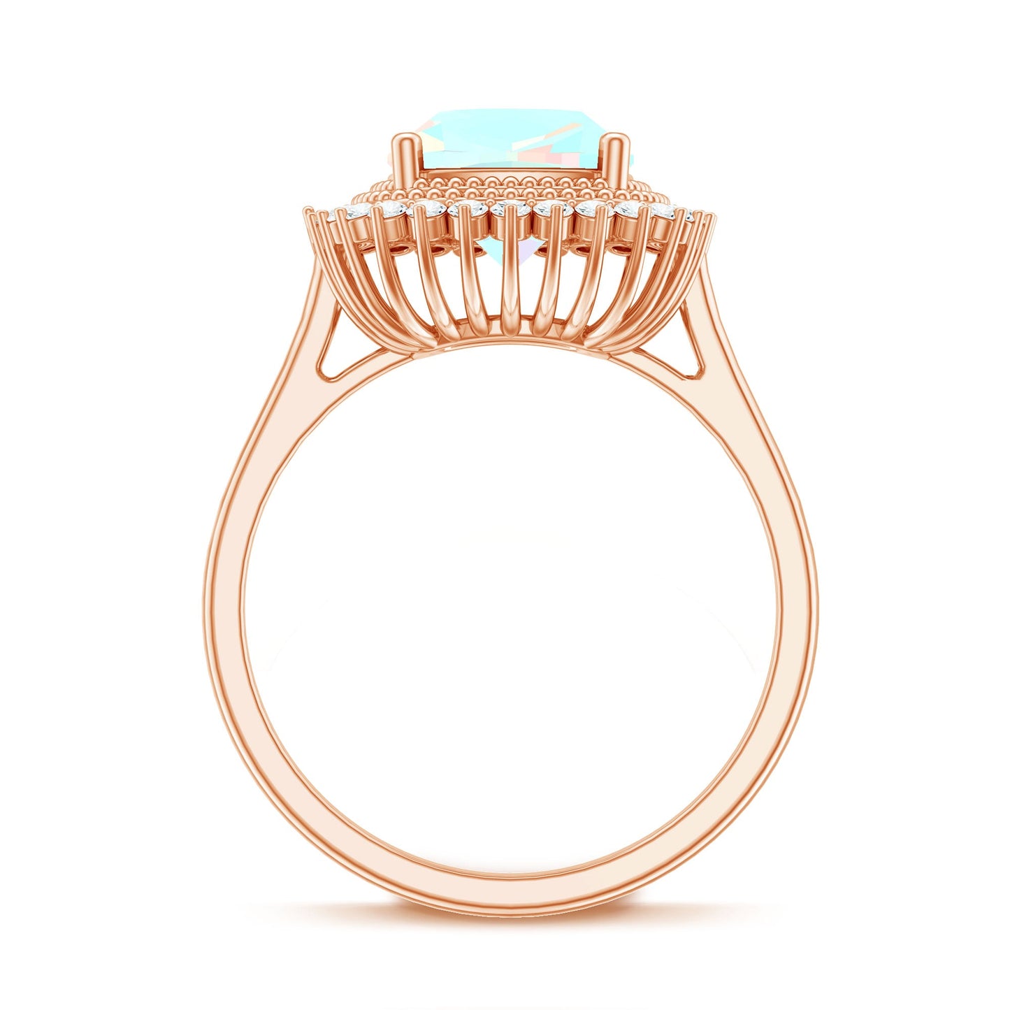 Natural 8mm Cushion Cut Opalescent Vintage Looking Engagement Ring with Diamond Halo