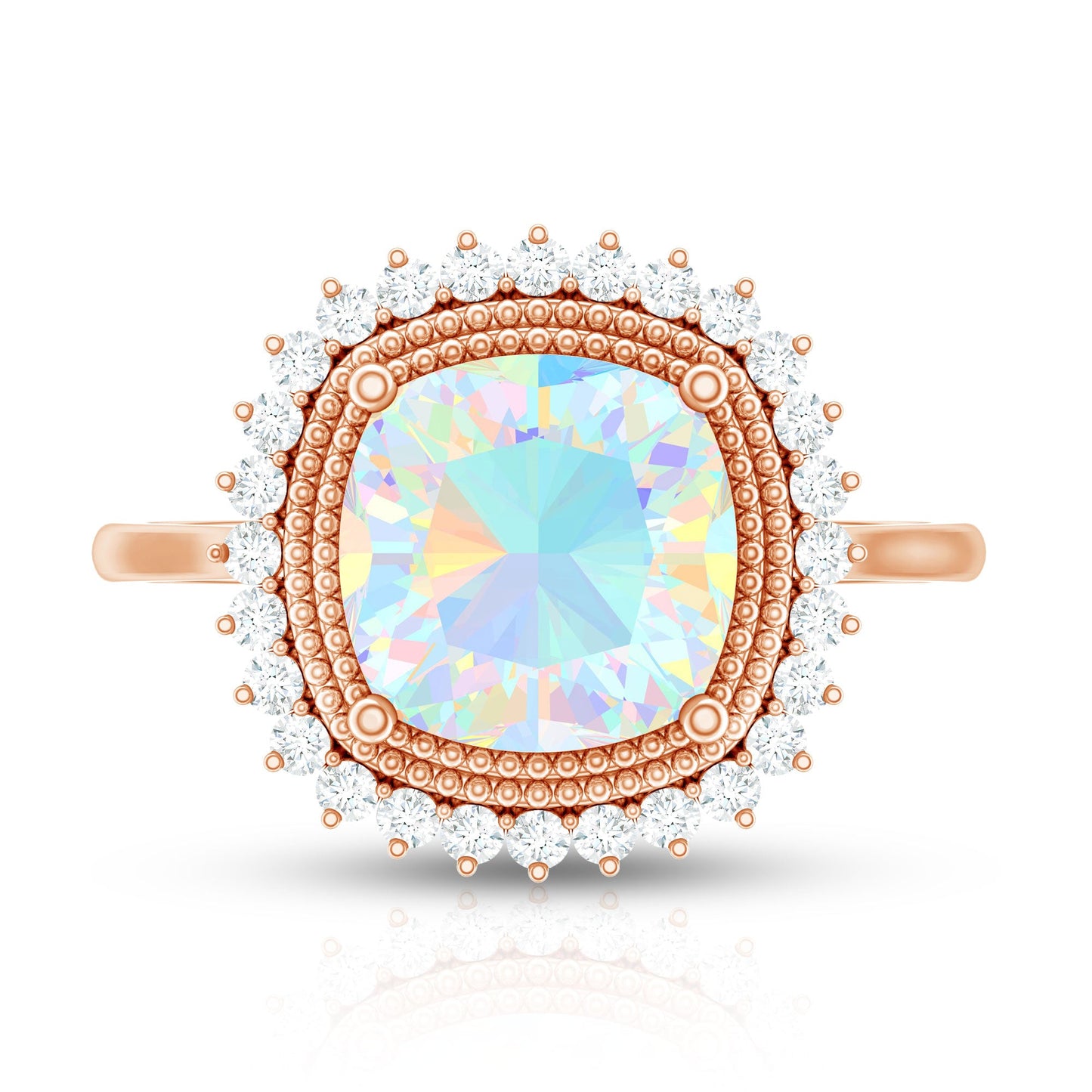 Natural 8mm Cushion Cut Opalescent Vintage Looking Engagement Ring with Diamond Halo