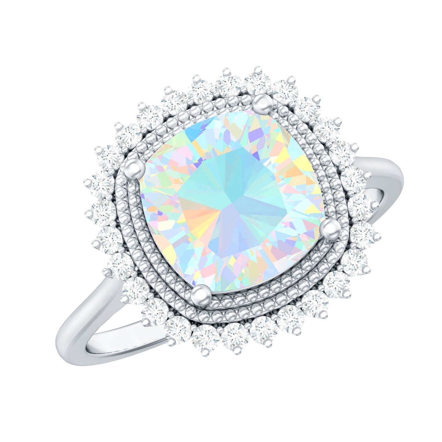 Natural 8mm Cushion Cut Opalescent Vintage Looking Engagement Ring with Diamond Halo