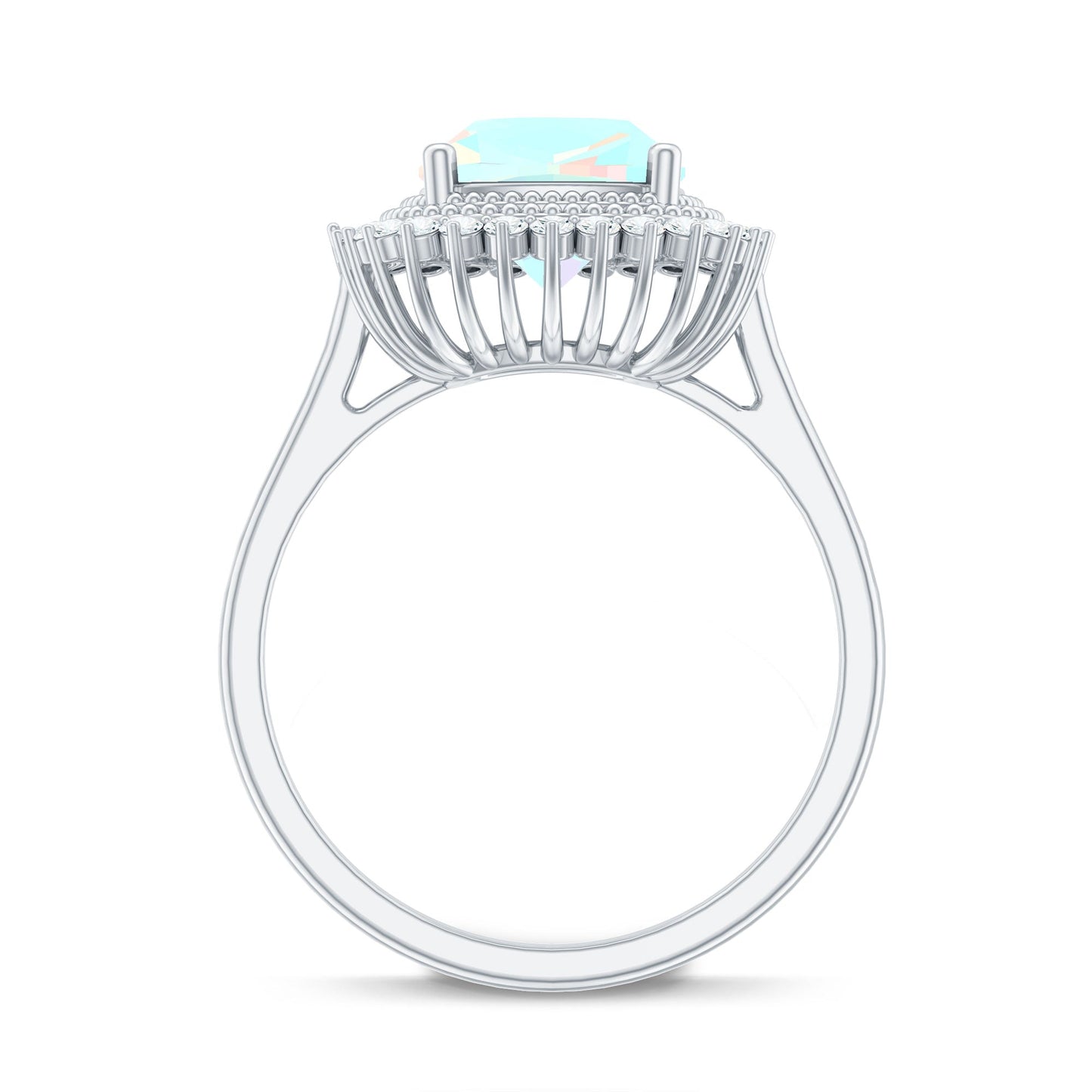 Natural 8mm Cushion Cut Opalescent Vintage Looking Engagement Ring with Diamond Halo