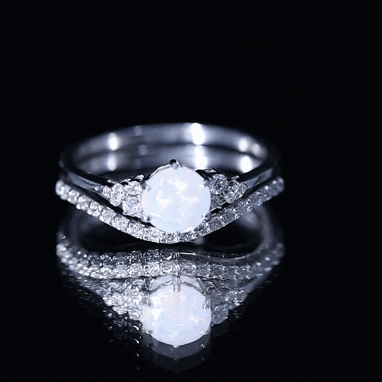 Natural Ethiopian Opal Diamond Wedding Bridal Ring Set of 2