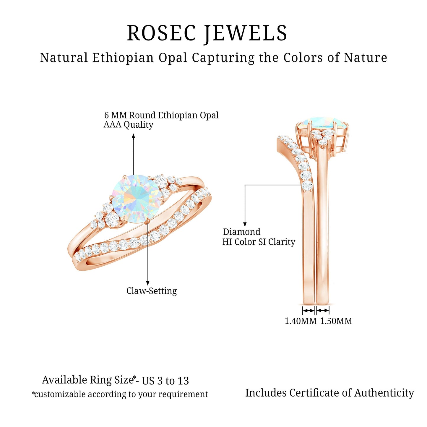 Natural Ethiopian Opal Diamond Wedding Bridal Ring Set of 2