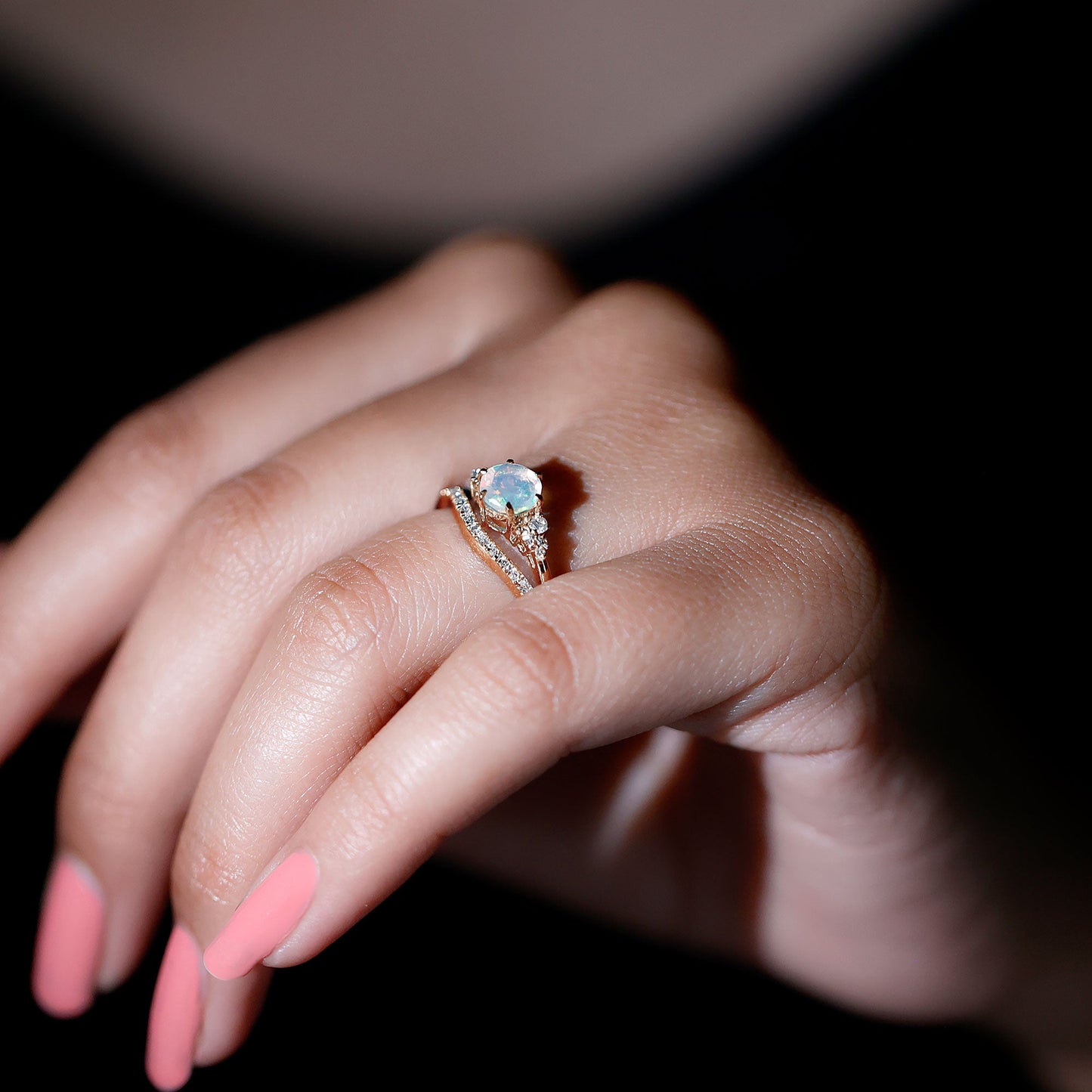 Natural Ethiopian Opal Diamond Wedding Bridal Ring Set of 2