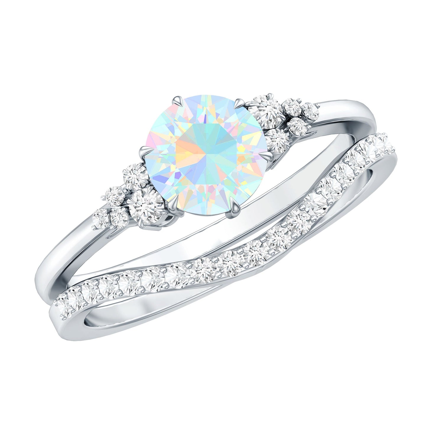 Natural Ethiopian Opal Diamond Wedding Bridal Ring Set of 2