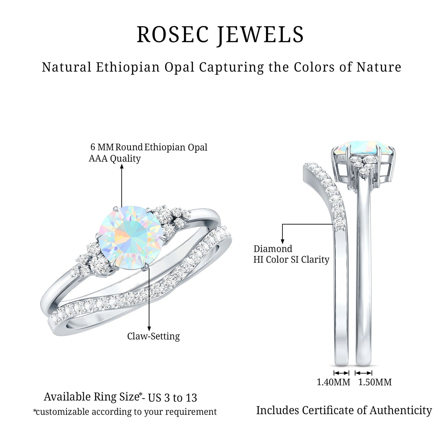 Natural Ethiopian Opal Diamond Wedding Bridal Ring Set of 2