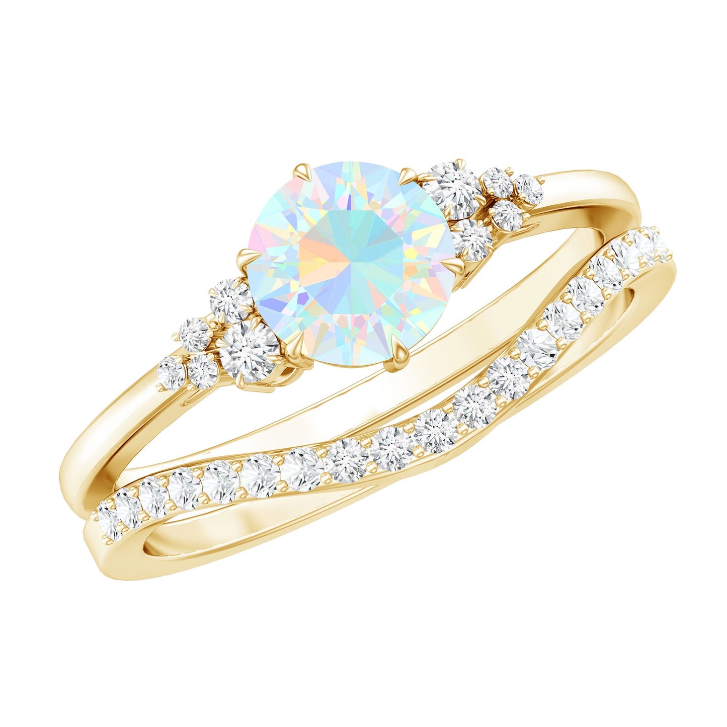 Natural Ethiopian Opal Diamond Wedding Bridal Ring Set of 2