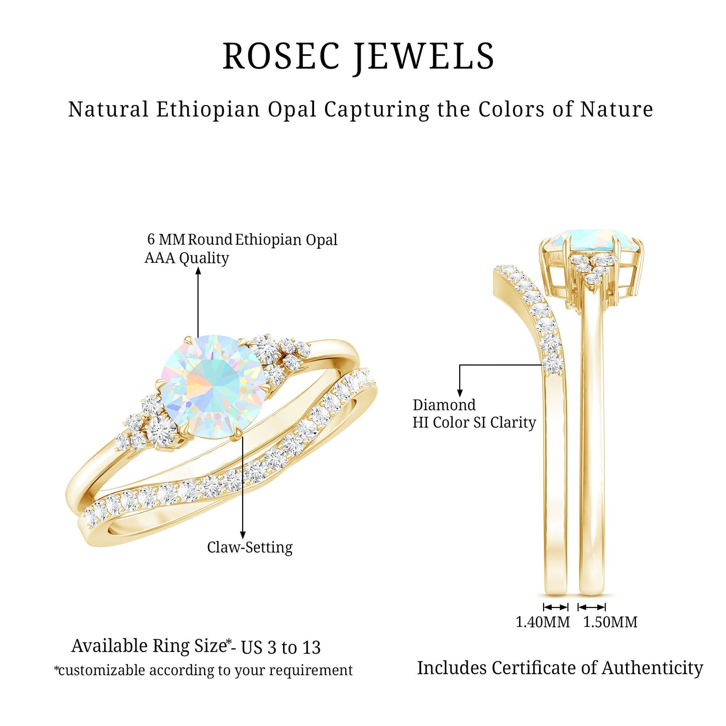 Natural Ethiopian Opal Diamond Wedding Bridal Ring Set of 2