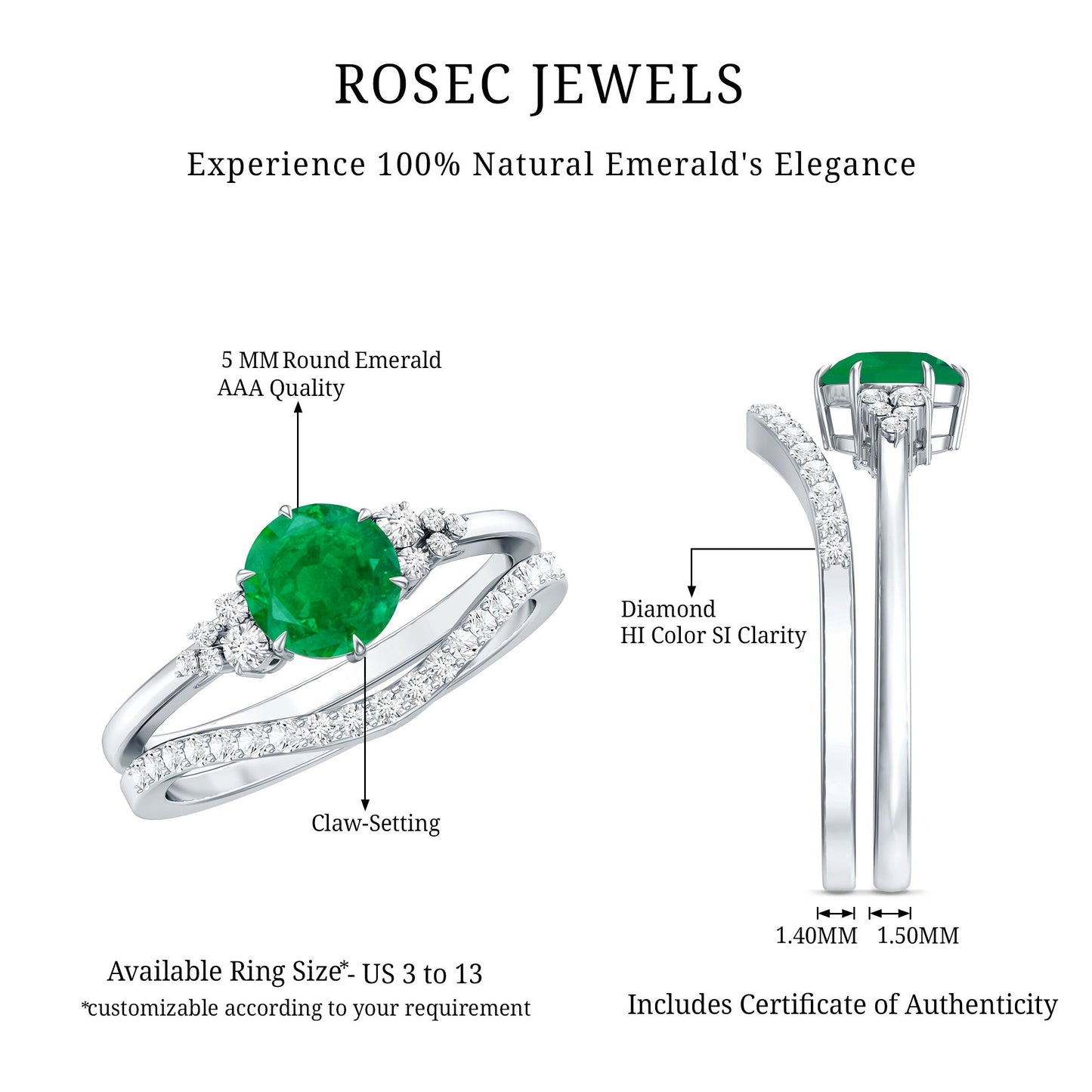 Natural Emerald Diamond Wedding Bridal Ring Set of 2