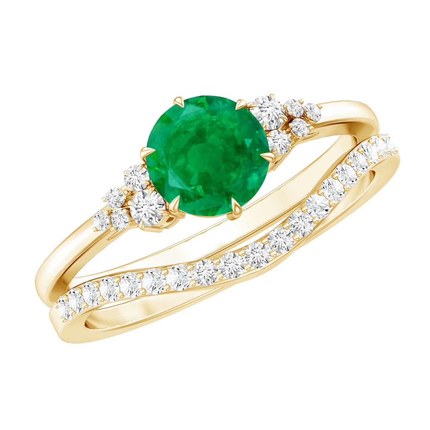Natural Emerald Diamond Wedding Bridal Ring Set of 2
