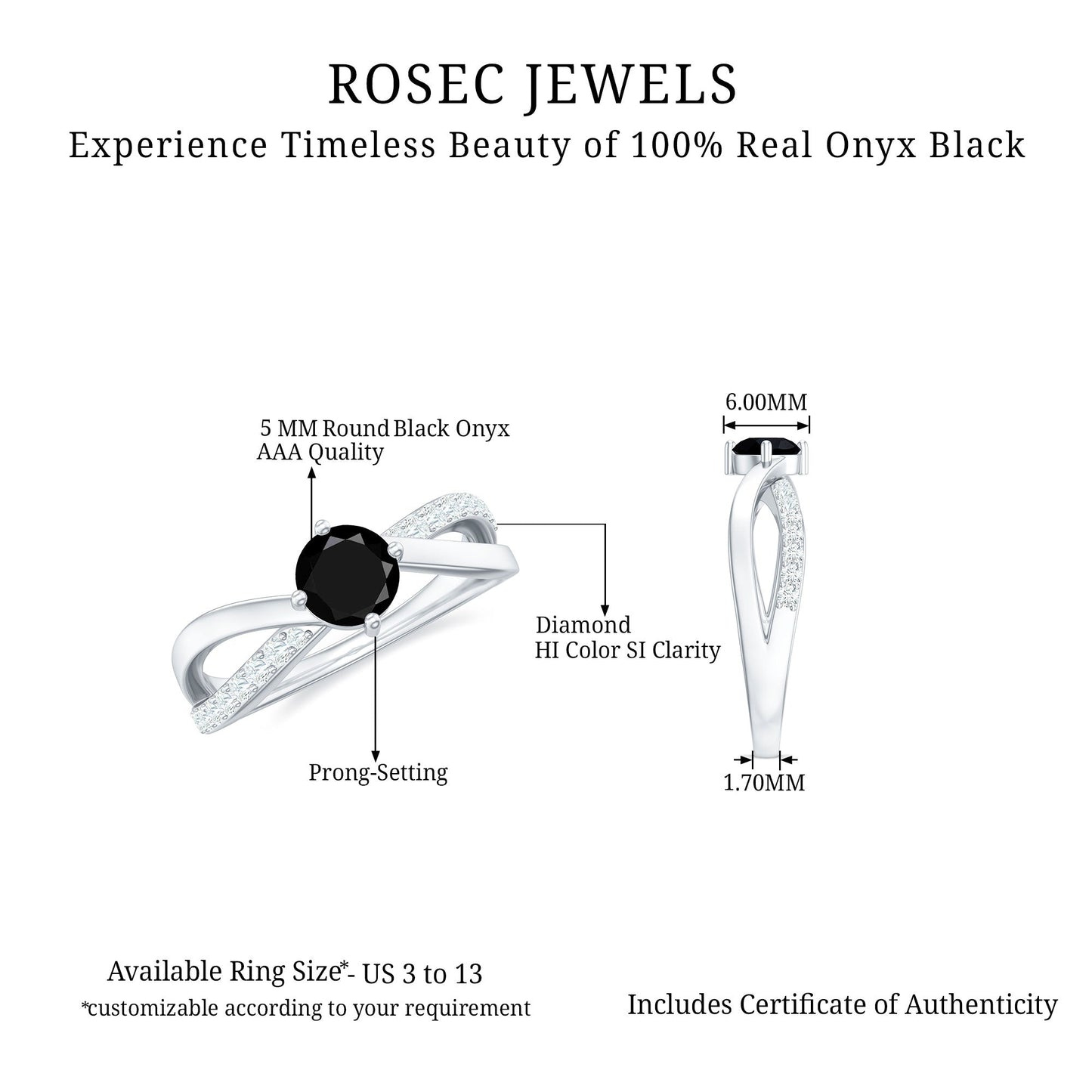 5mm Round Black Onyx Solitaire Infinity Ring with Diamond