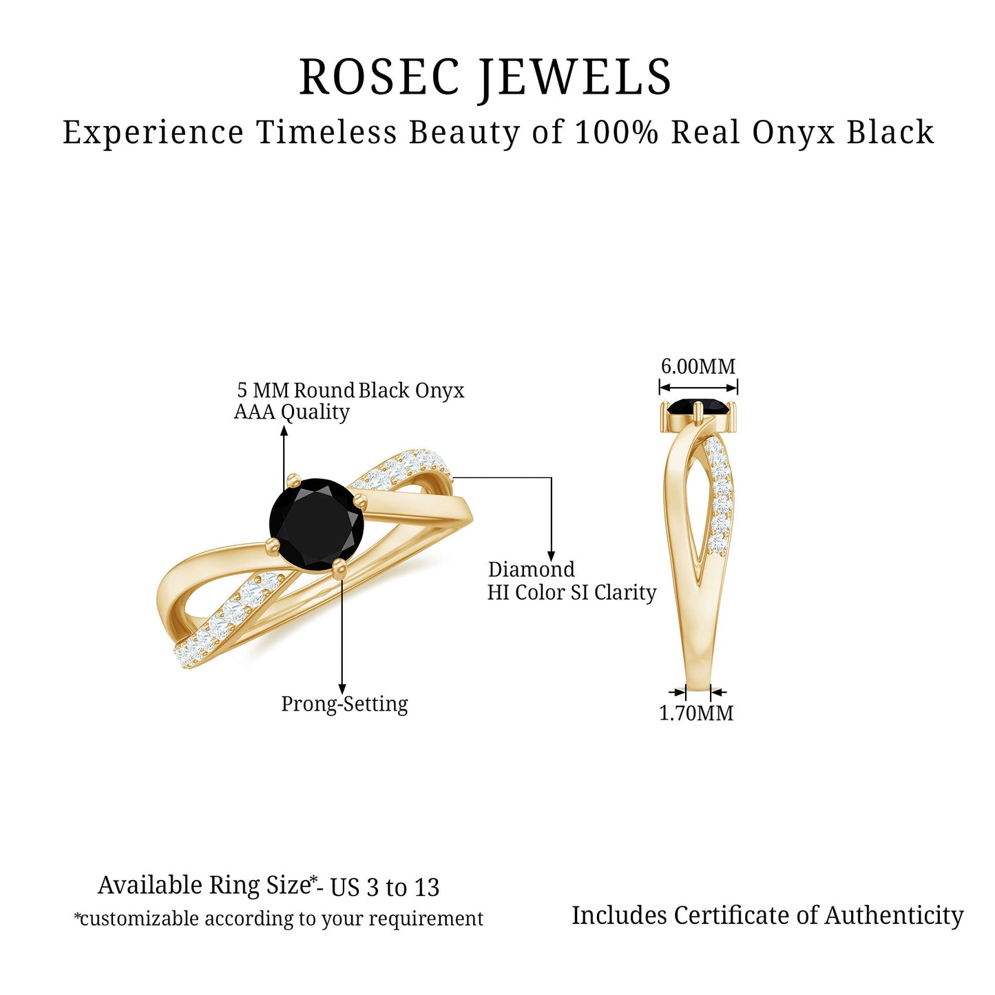5mm Round Black Onyx Solitaire Infinity Ring with Diamond