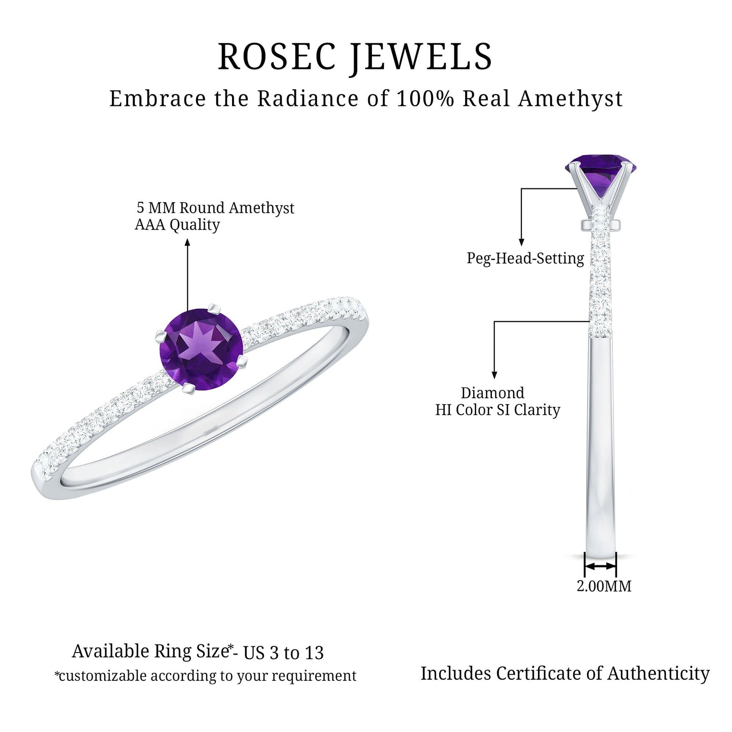 Round Amethyst Solitaire Engagement Ring with Diamond