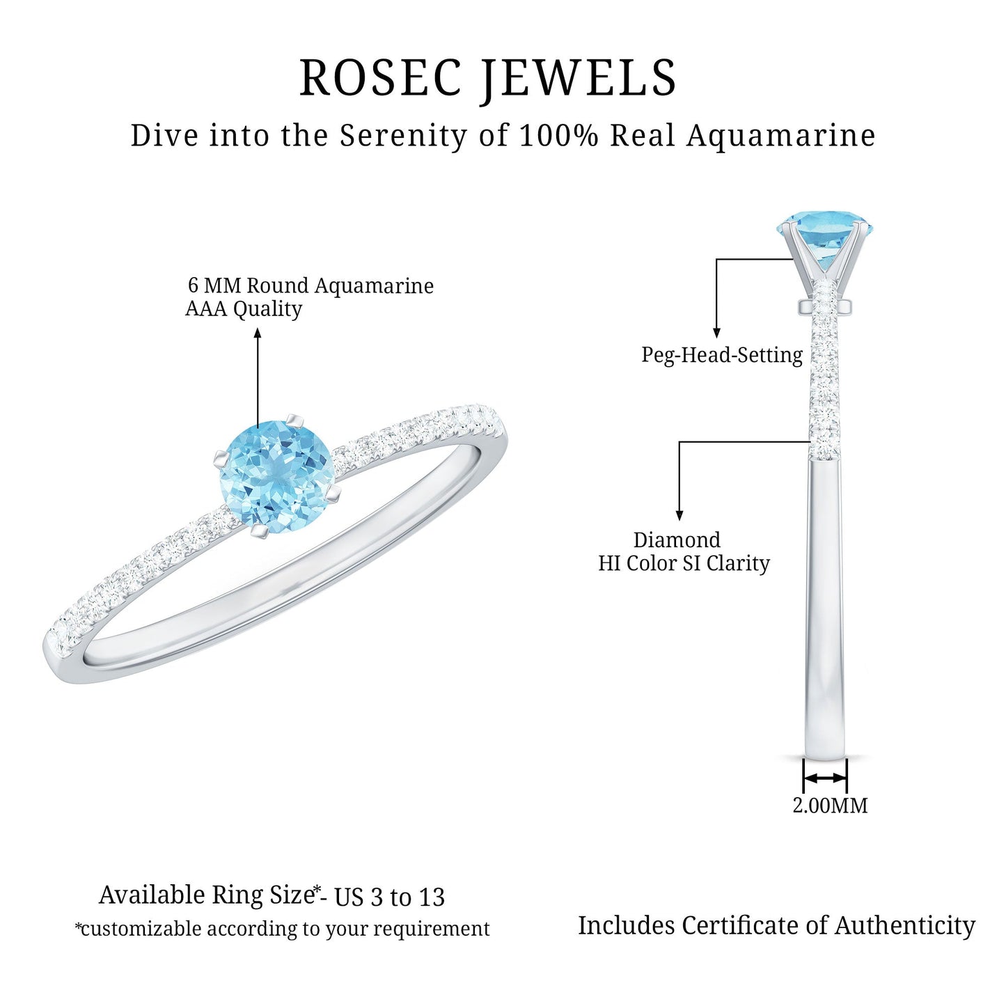 Natural Aquamarine Solitaire Ring with Diamond Side Stones