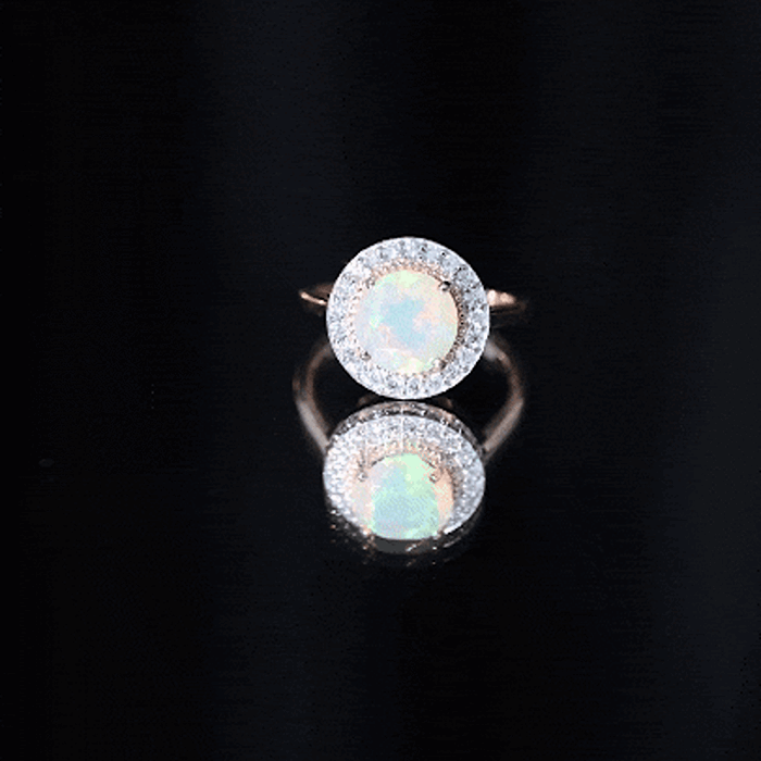 Vintage Inspired 8mm Ethiopian Opal Engagement Ring with Diamond Halo