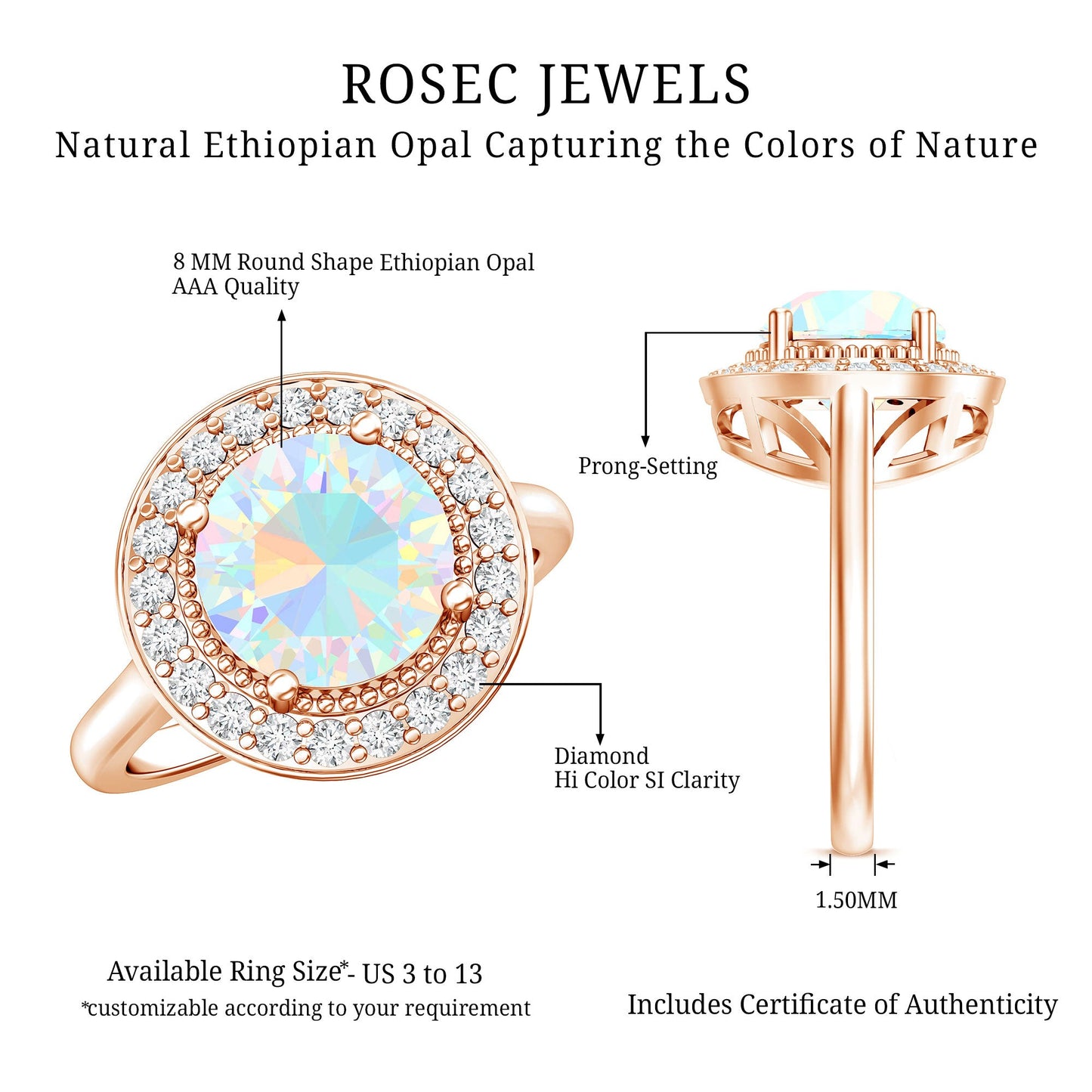 Vintage Inspired 8mm Ethiopian Opal Engagement Ring with Diamond Halo