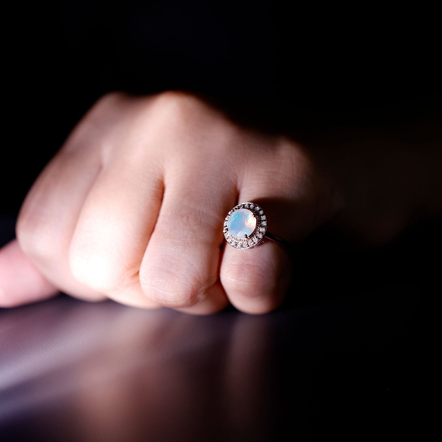 Vintage Inspired 8mm Ethiopian Opal Engagement Ring with Diamond Halo