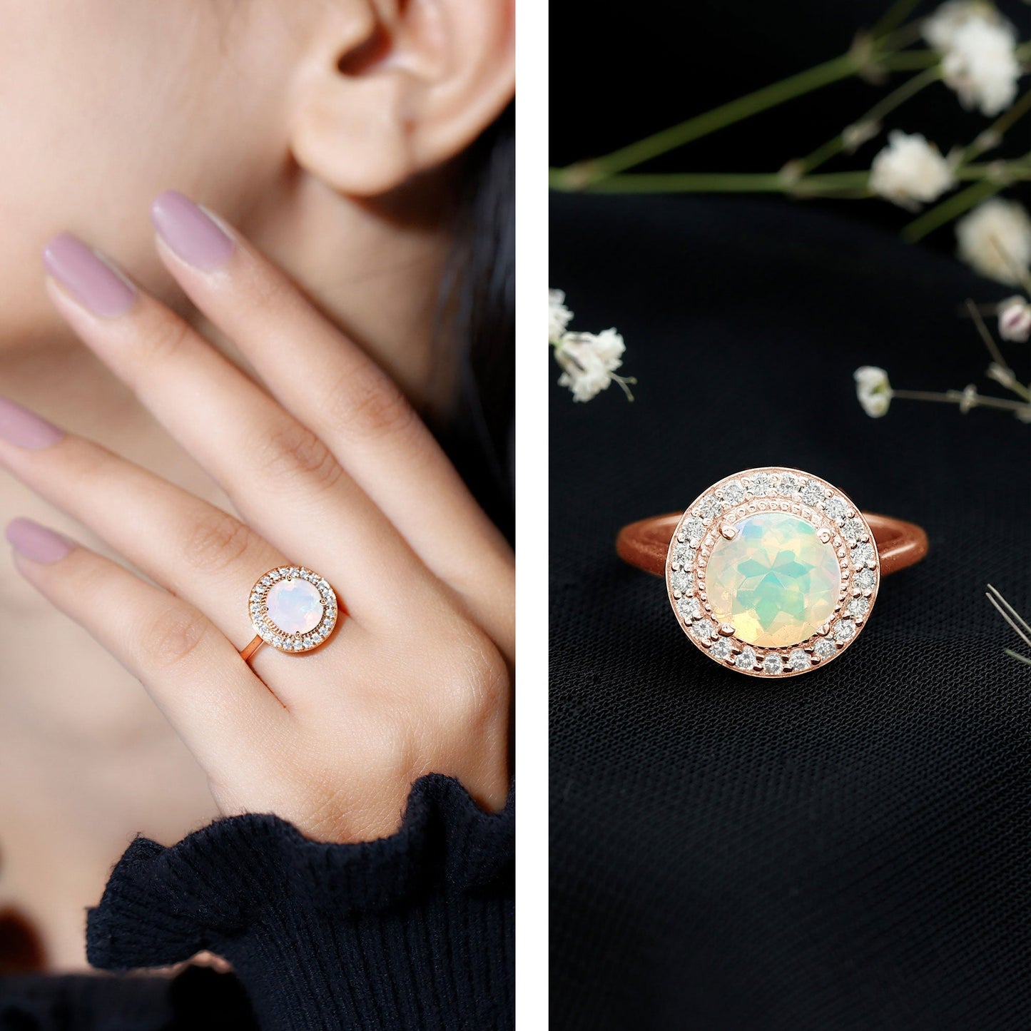 Vintage Inspired 8mm Ethiopian Opal Engagement Ring with Diamond Halo