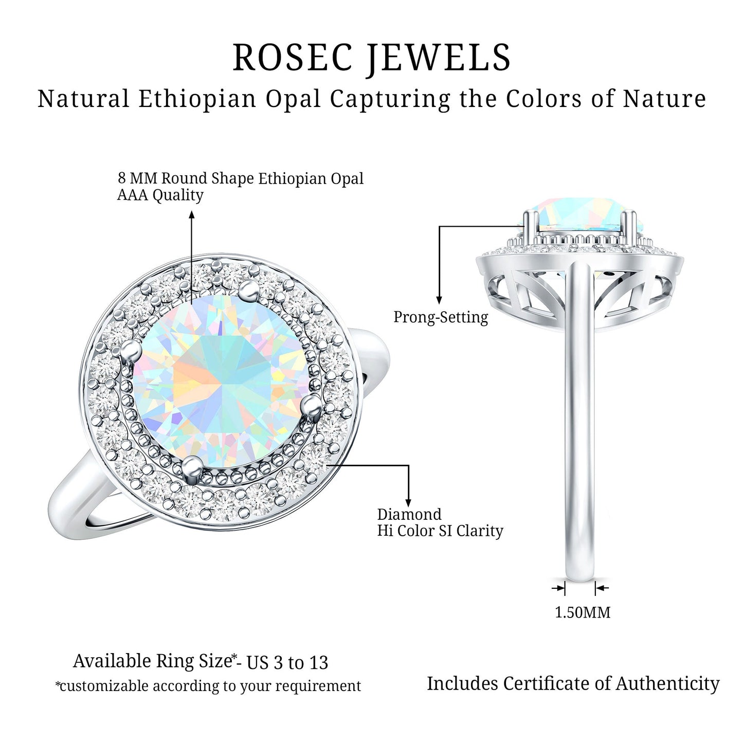 Vintage Inspired 8mm Ethiopian Opal Engagement Ring with Diamond Halo