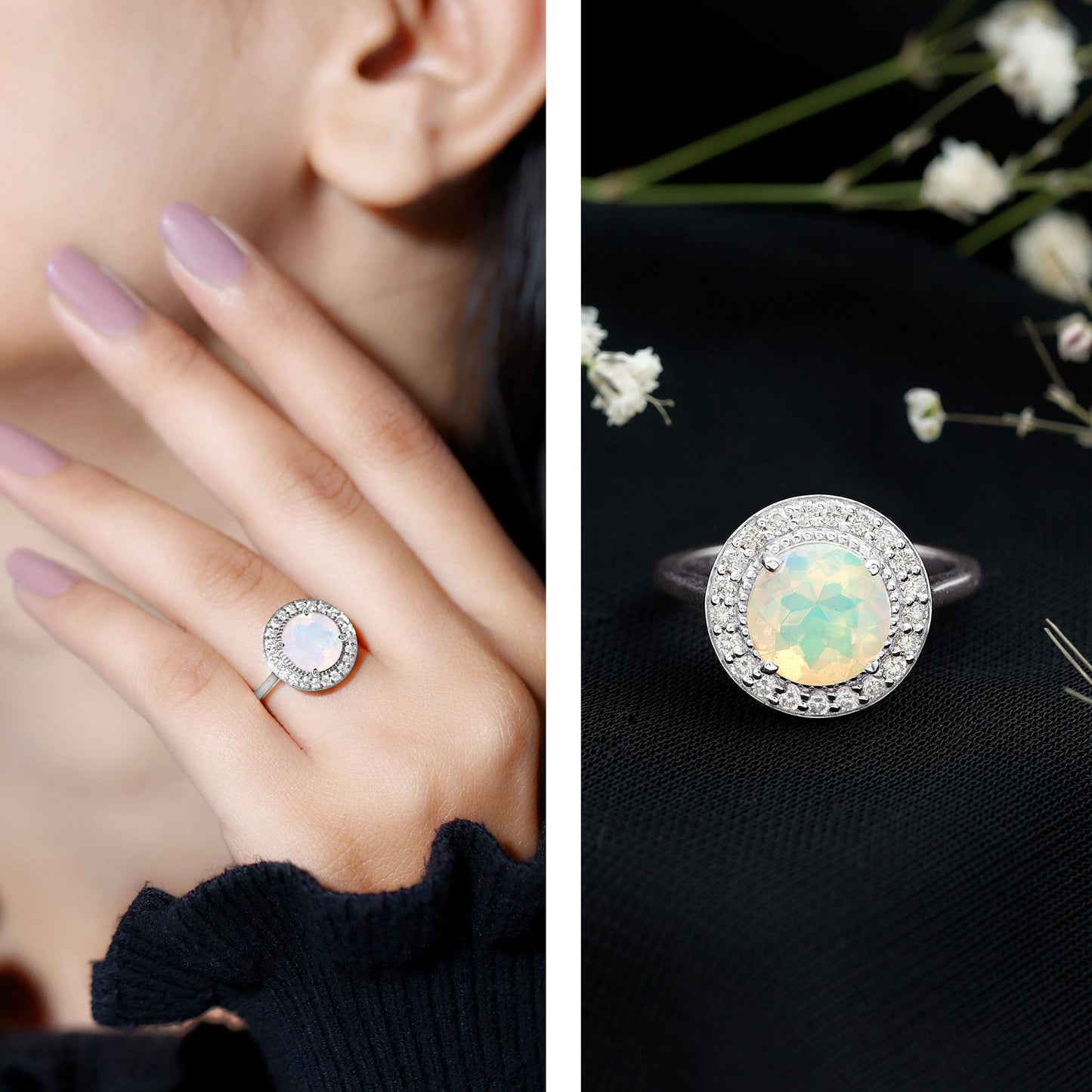 Vintage Inspired 8mm Ethiopian Opal Engagement Ring with Diamond Halo