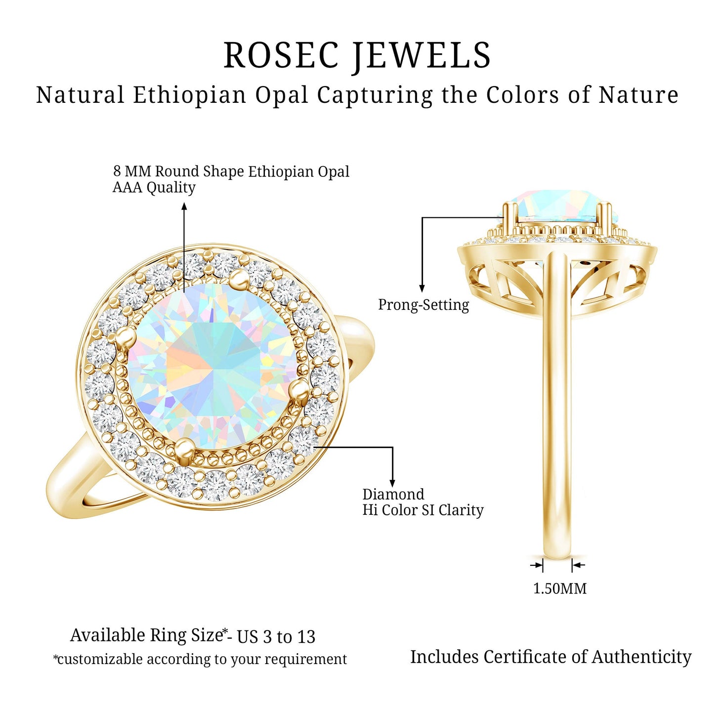 Vintage Inspired 8mm Ethiopian Opal Engagement Ring with Diamond Halo