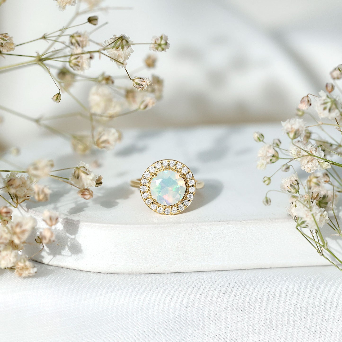 Vintage Inspired 8mm Ethiopian Opal Engagement Ring with Diamond Halo