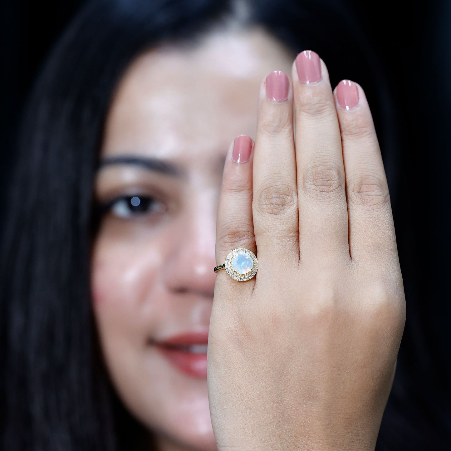 Vintage Inspired 8mm Ethiopian Opal Engagement Ring with Diamond Halo
