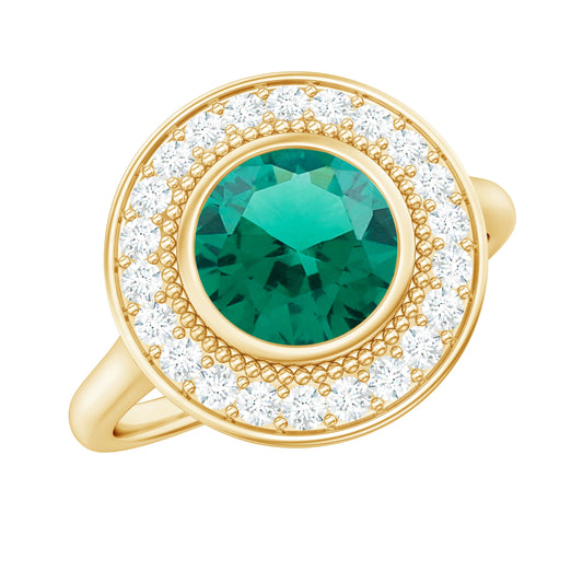 Vintage Looking 8 mm Lab Grown Emerald Engagement Ring with Halo