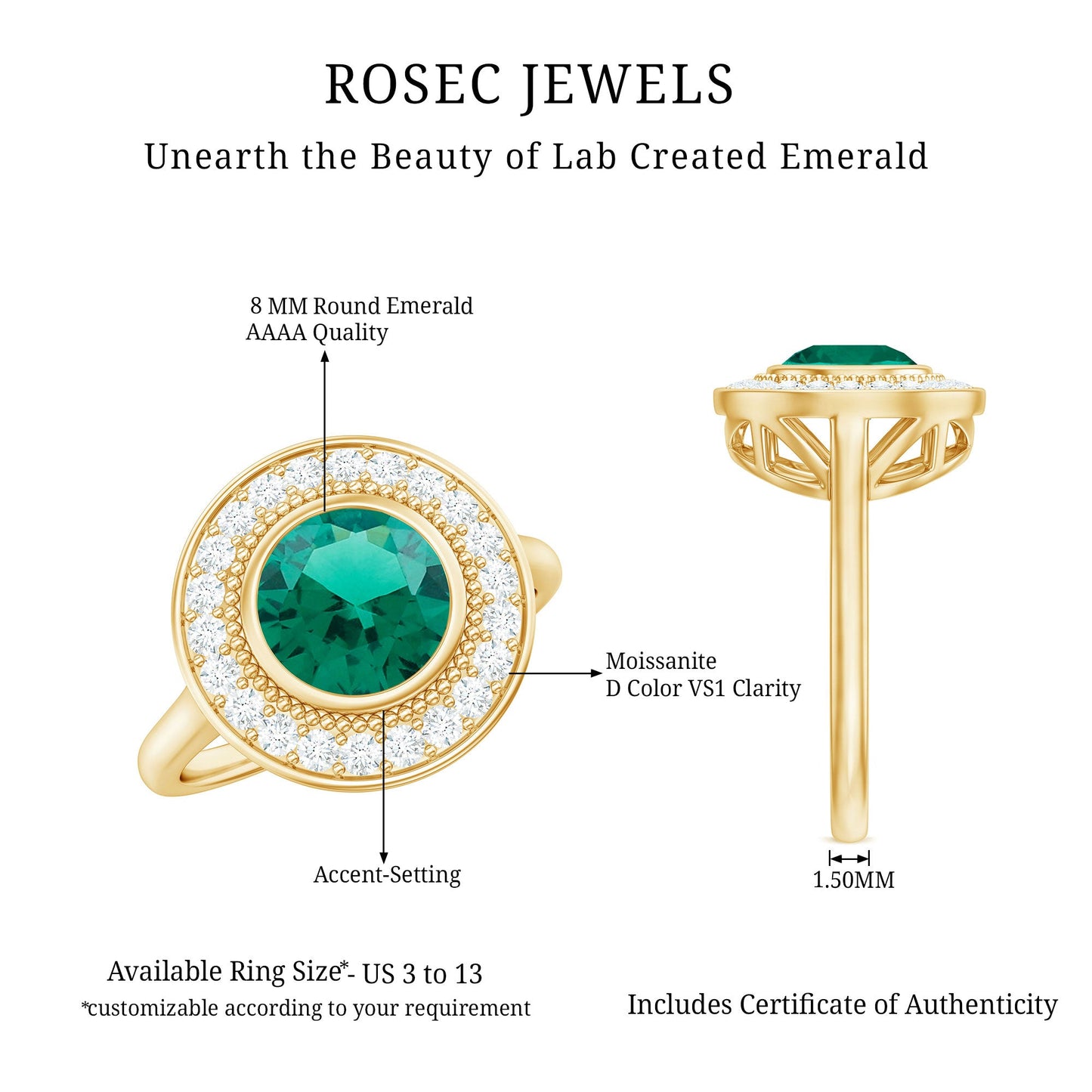 Vintage Looking 8 mm Lab Grown Emerald Engagement Ring with Halo