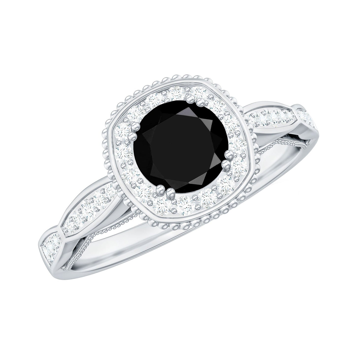 5mm Round Shape Black Onyx Vintage Engagement Ring with Diamond Halo