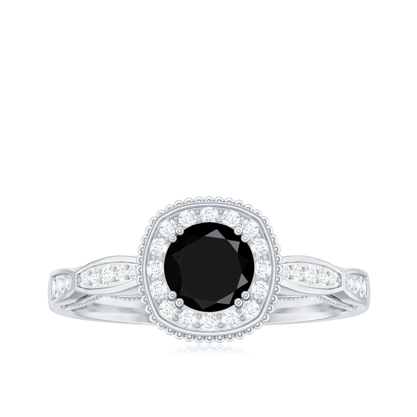 5mm Round Shape Black Onyx Vintage Engagement Ring with Diamond Halo