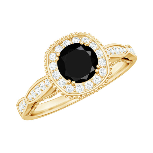 5mm Round Shape Black Onyx Vintage Engagement Ring with Diamond Halo