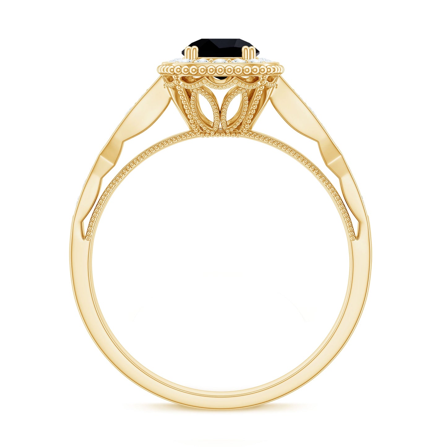 5mm Round Shape Black Onyx Vintage Engagement Ring with Diamond Halo